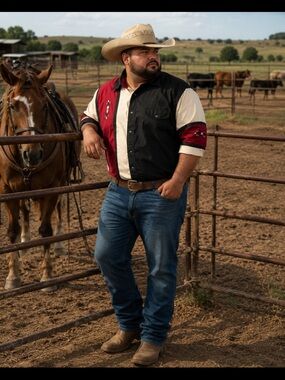 Men's vintage wrangler Colorblock Western Shirt  - Black/maroon/Cream XXL